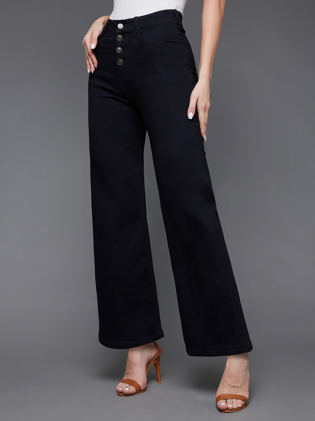 24/7 Comfort Women's Black Wide Leg High Rise Clean Look Regular Stretchable Denim Jeans