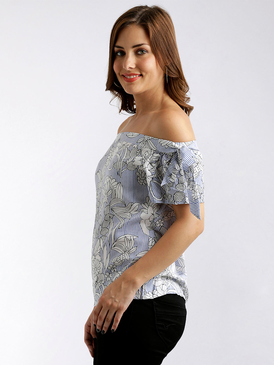 Women's Blue And White Off-shoulder Short Sleeve Striped And Floral Print Bardot Top