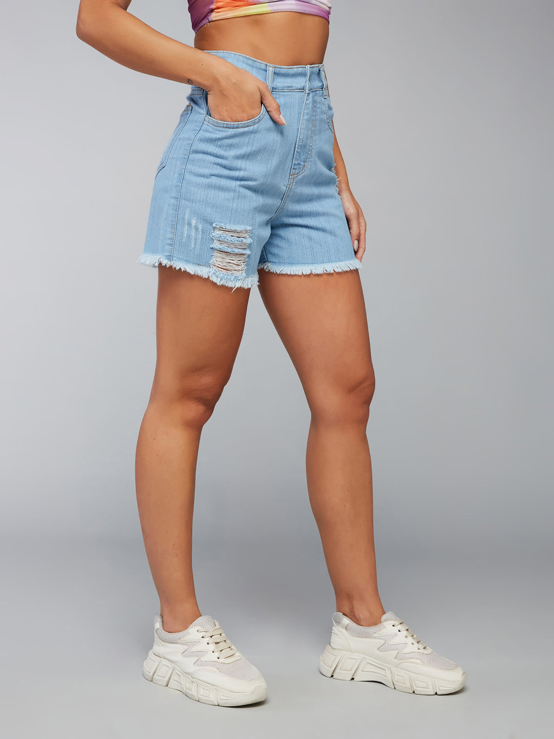 Women's Blue Relaxed Fit Mid-Rise Highly Distressed Regular Length Denim Shorts