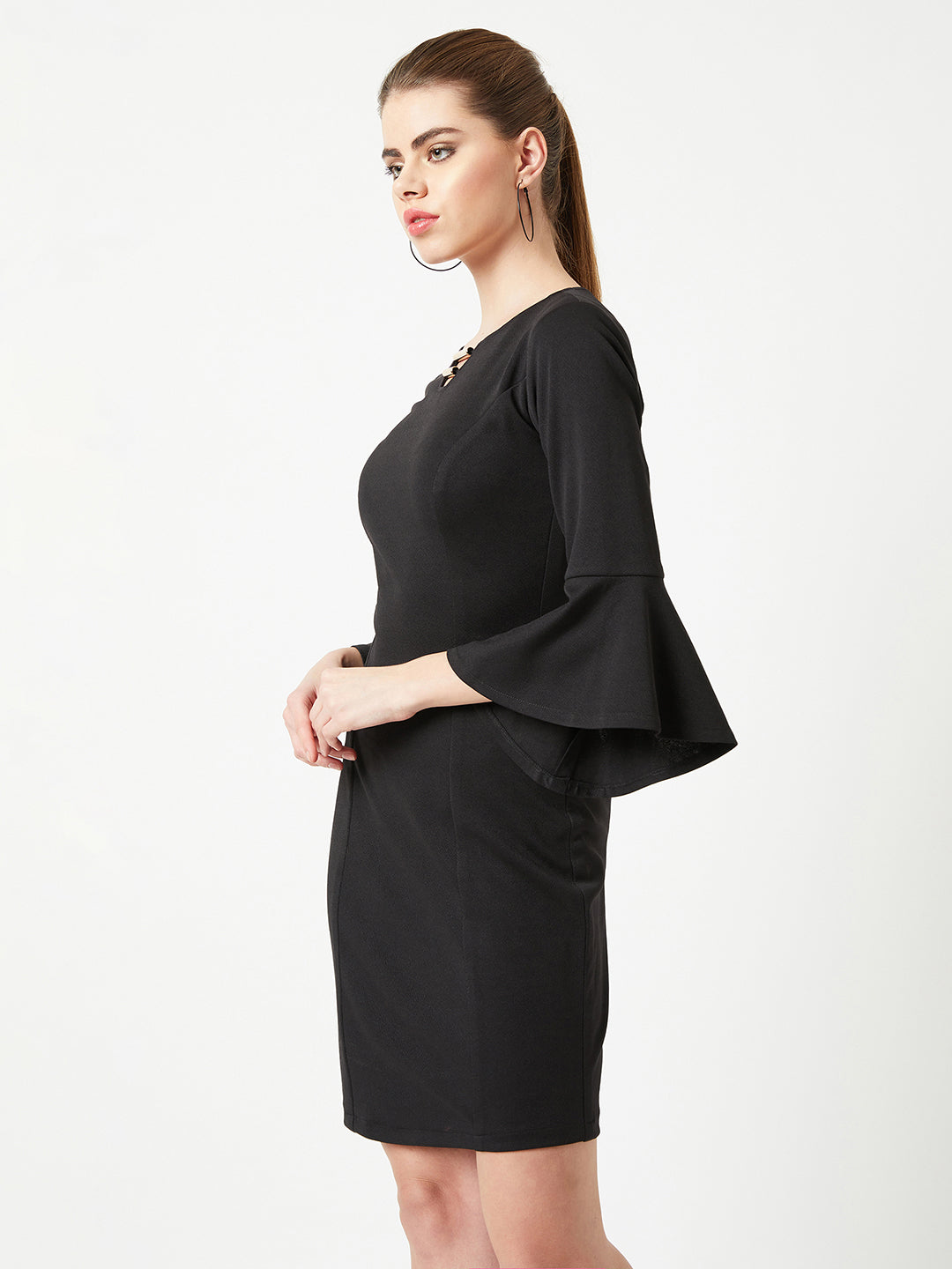 Black Boat-Neck Ruffled Solid Bodycon Knee Length Dress for Women — Miss Chase