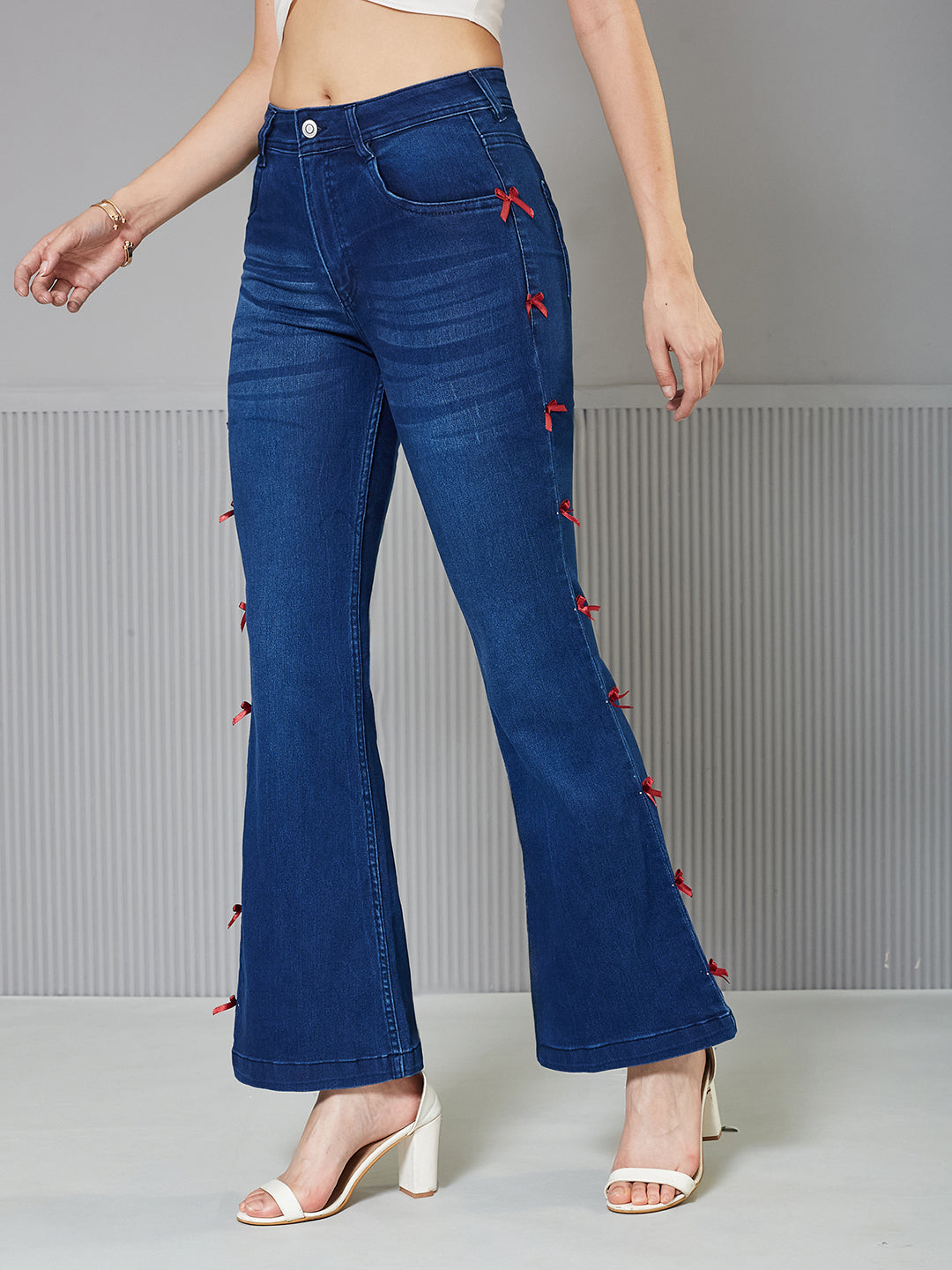 Navy-Blue High-Rise Stretchable Bootcut Denim Jeans for Women with Dark Red Satin Bows