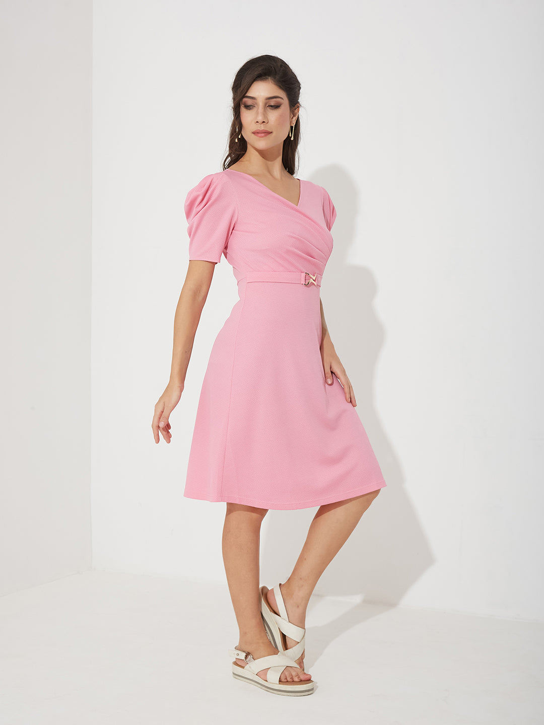 Pink V-Neck Pleated Puff Sleeve Wrap Knee-Length Polyester Dress for Women — Miss Chase