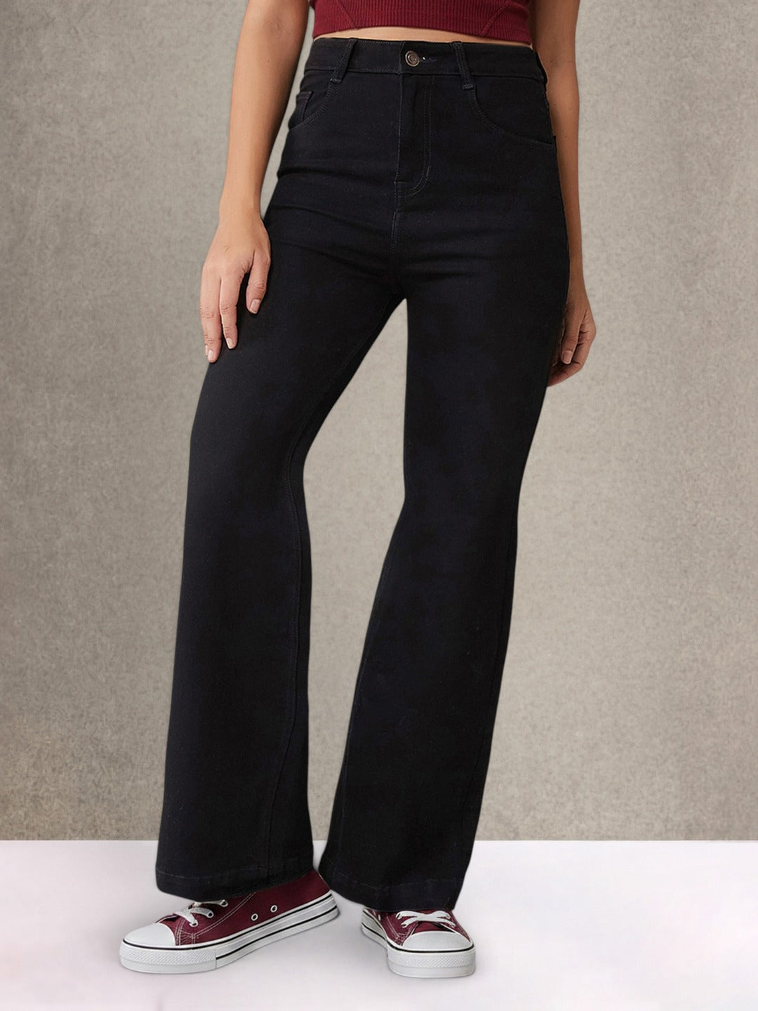 Black Bootcut High Rise Regular Stretchable Denim Jeans for Women