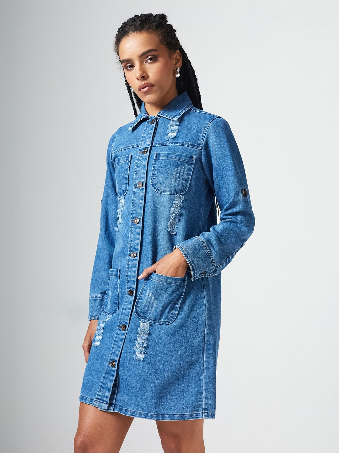 Navy Blue Solid Polo Neck Full Sleeves Patch Pocket Denim Overcoat Knee-Length Jacket for Women