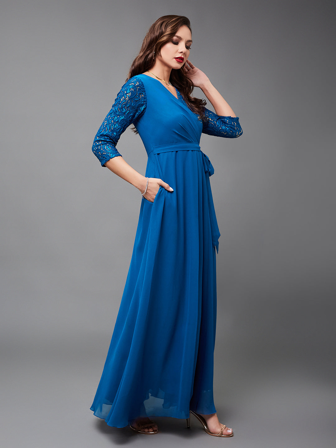 Women's Royal Blue V-Neck 3/4 Sleeve Self-Designed Wrap-Styled Georgette Maxi Dress