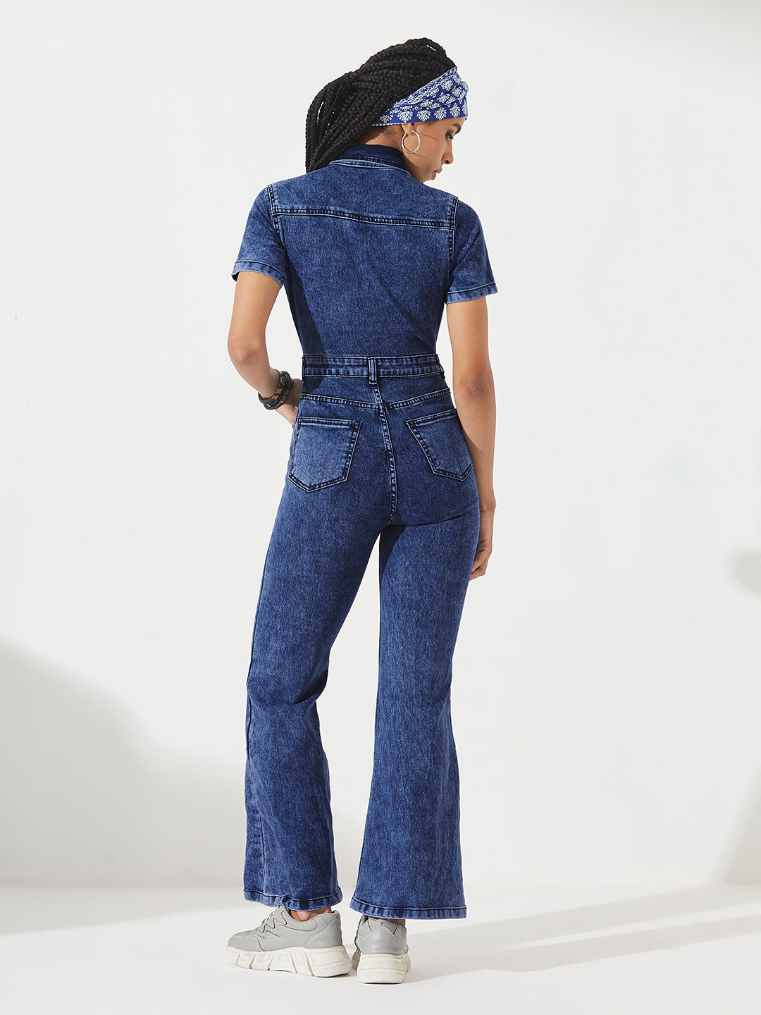 Black Flared High-Rise Stretchable Denim Jumpsuit for Women