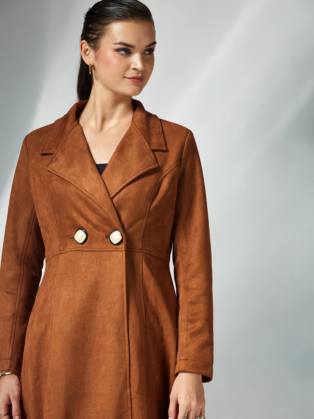 Women's Brown Solid V-Neck Full Sleeves Side Pocketed Polyester Double Breasted Longline Jacket