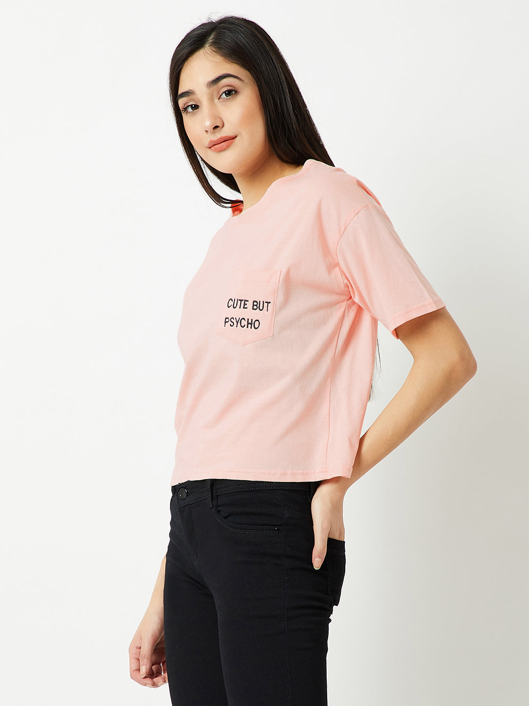 Women's Peach Round Neck Half Sleeve Solid Embroidered Pocket Boxy T-Shirt