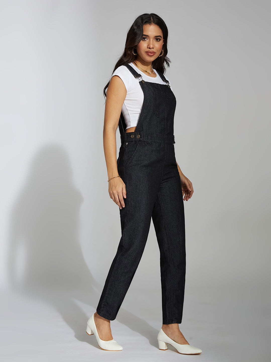 Women's Black High-Rise Clean-Look Regular Stretchable Skinny Denim Dungaree