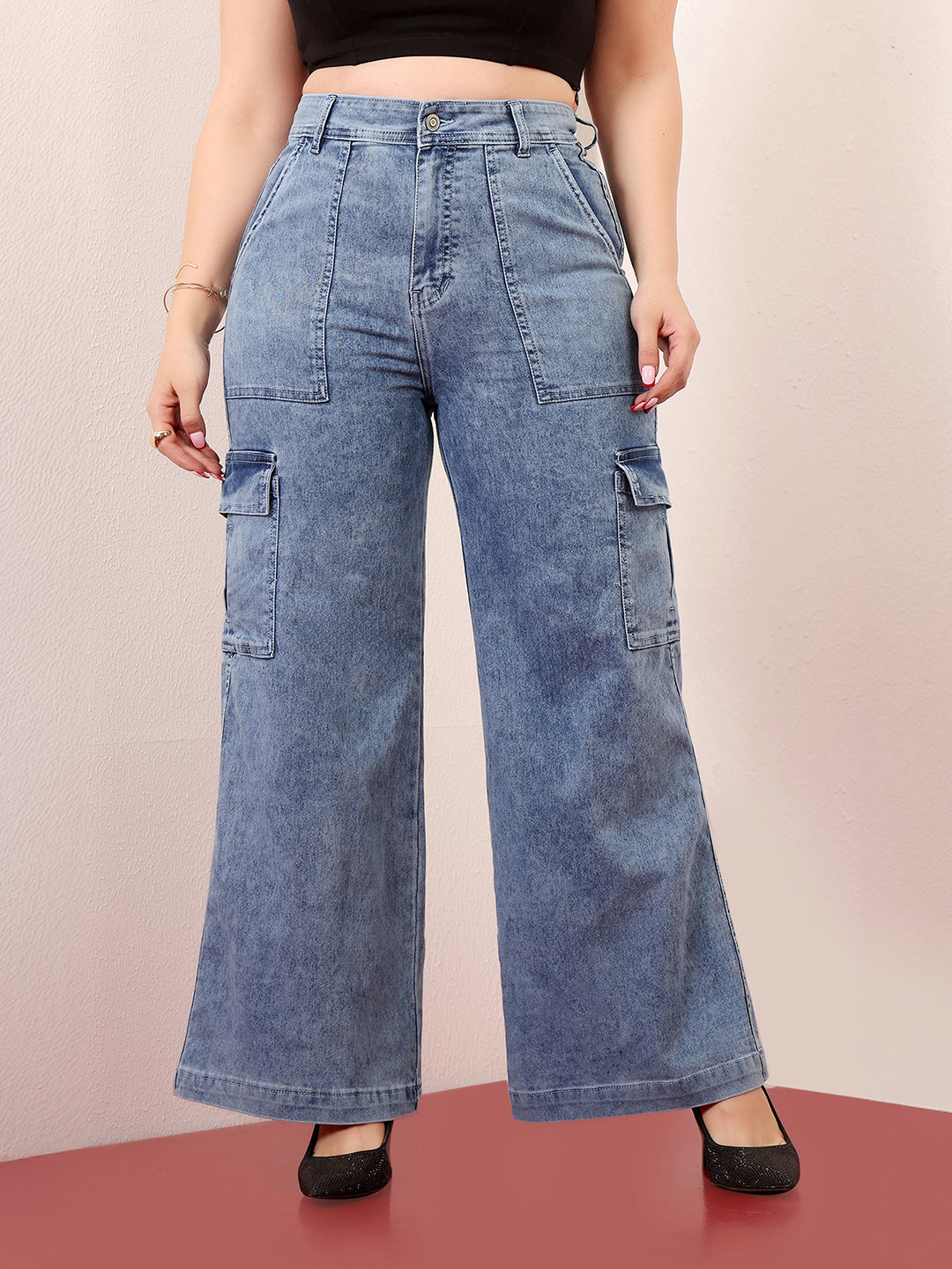 Women's Mid Blue Wide-Leg High-Rise Clean-Look Regular-Length Stretchable Cargo Denim Jeans