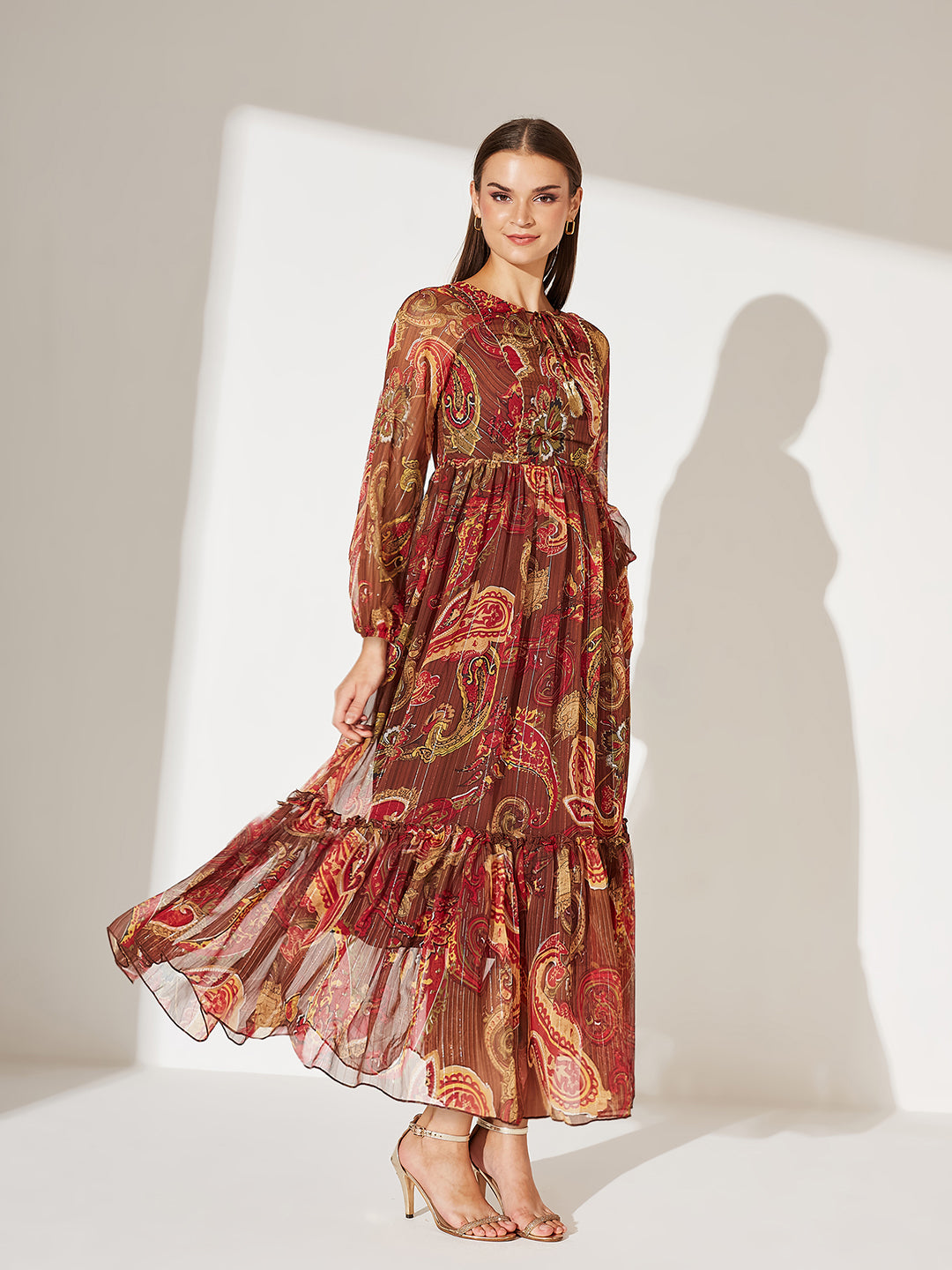 Women's Multicolored-Base-Brown Relaxed Fit Maxi Lurex Chiffon Dress