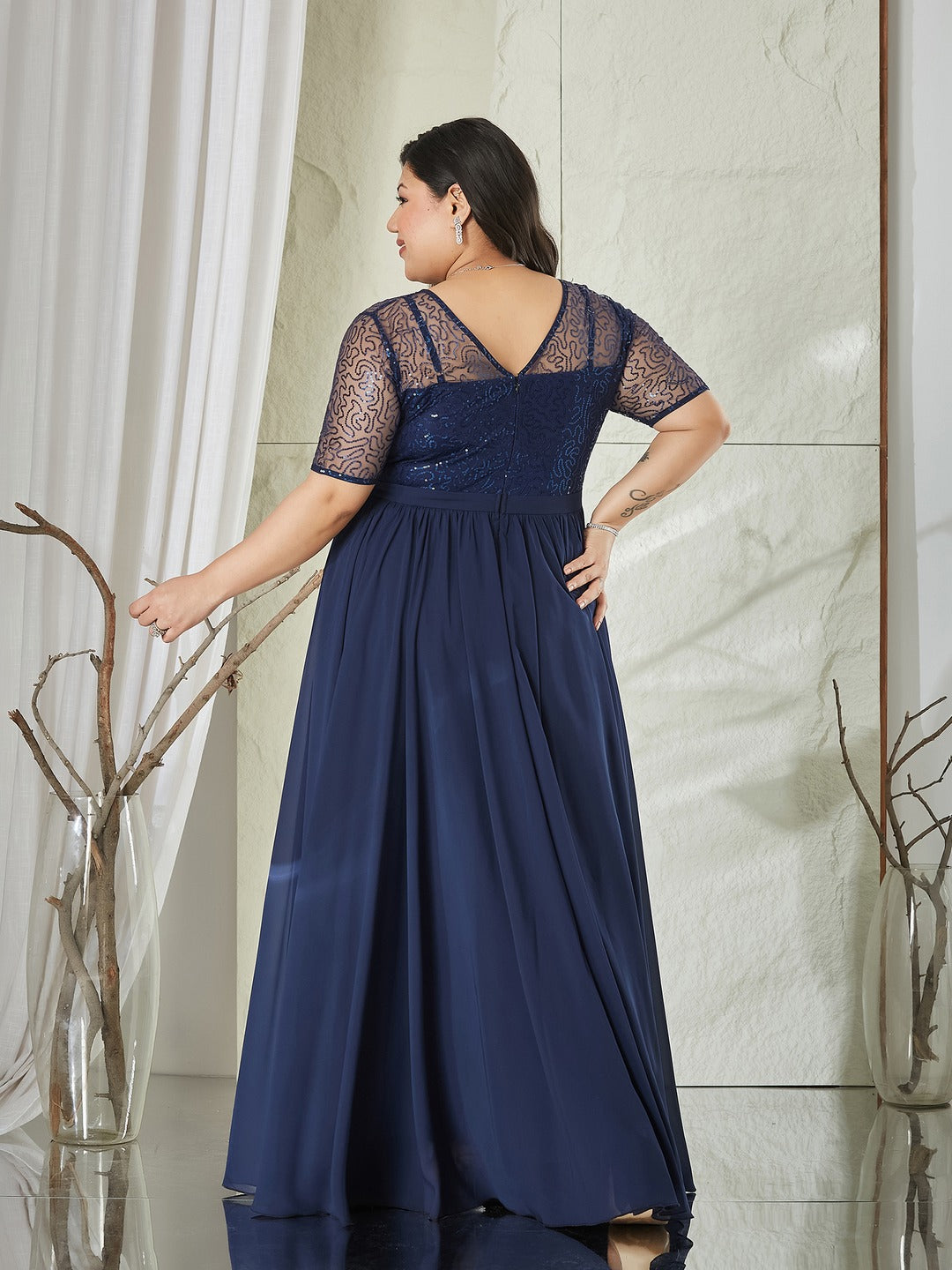 Navy Blue Relaxed Fit Maxi Georgette & Sequins Dress for Women
