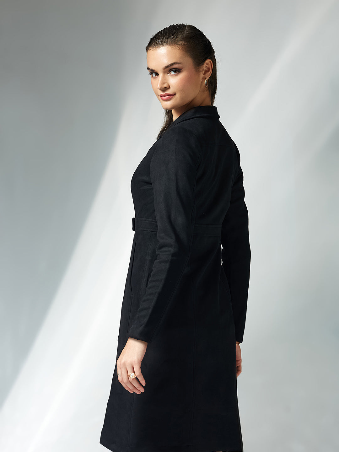 Black Solid Shirt Collar Full Sleeves Patched Pocketed Polyester Button Down Longline Jacket for Women