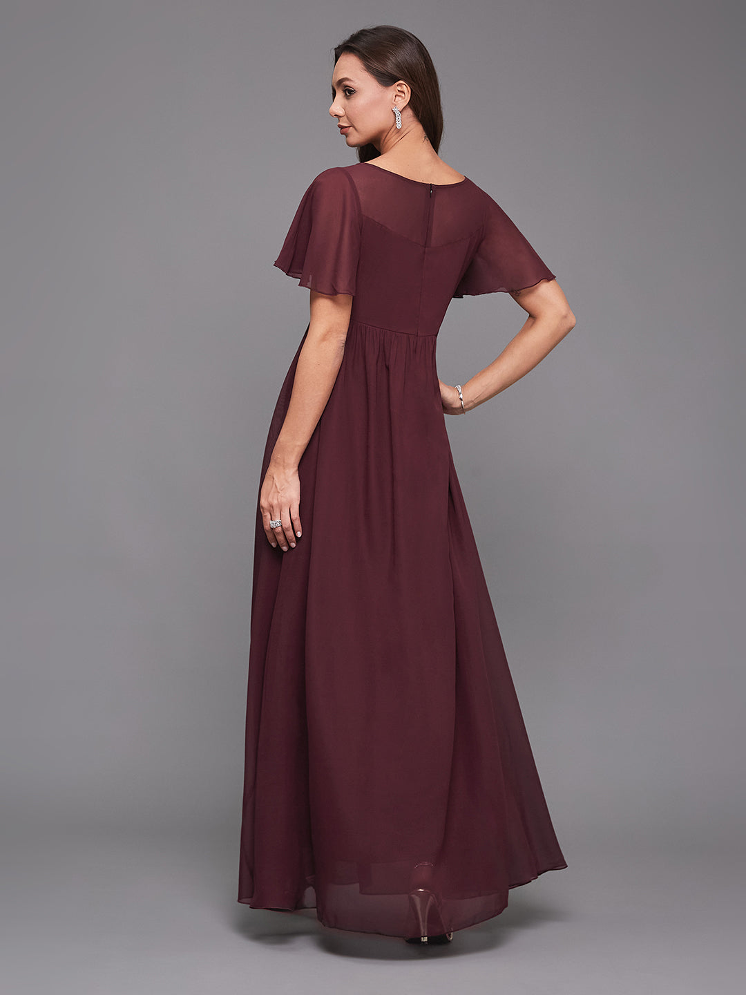 Women's Wine Boat Neck Half Sleeve Solid Embellished Georgette Maxi Dress