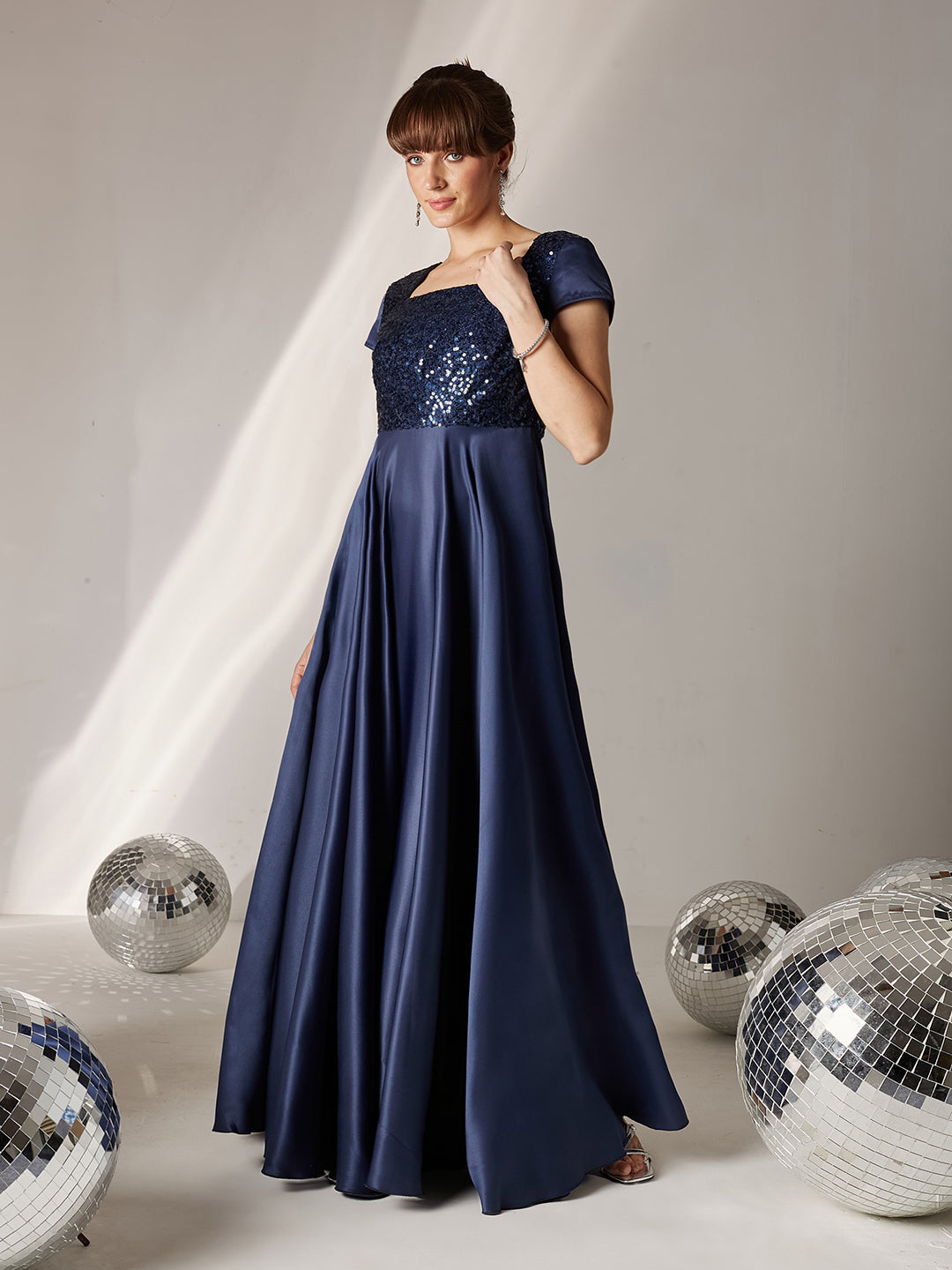 Women's Navy Blue Square Neck Short Sleeve Embellished Polyester Fit & Flare Maxi Dress