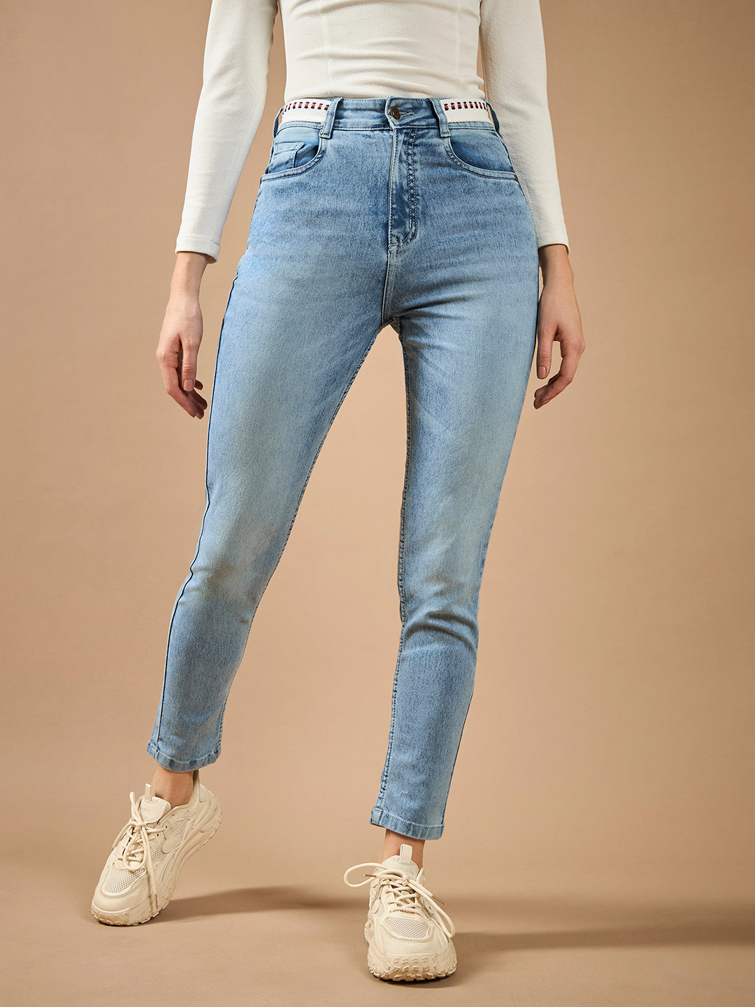 Women's Light Blue Slim Fit High-Rise Regular-Length Light Wash Twill Tape Detailing Denim Stretchable Jeans