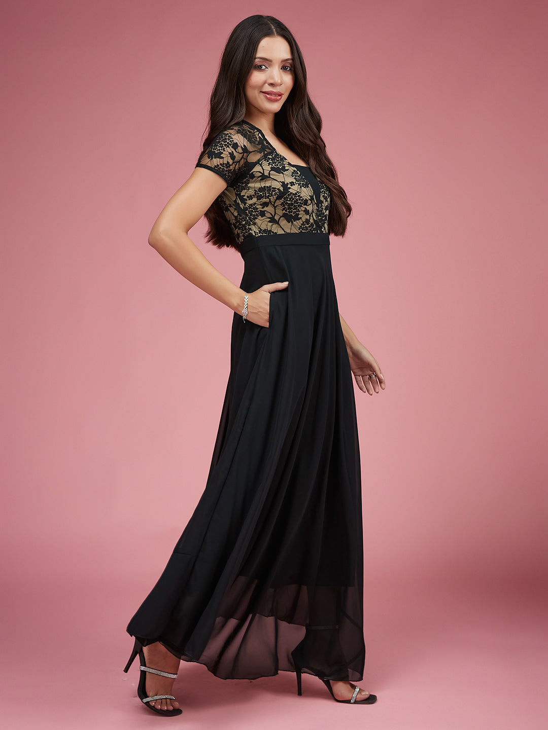 Women's Black Square Neck Raglan Short Sleeve Self Design Lace Overlaid Georgette Maxi Dress