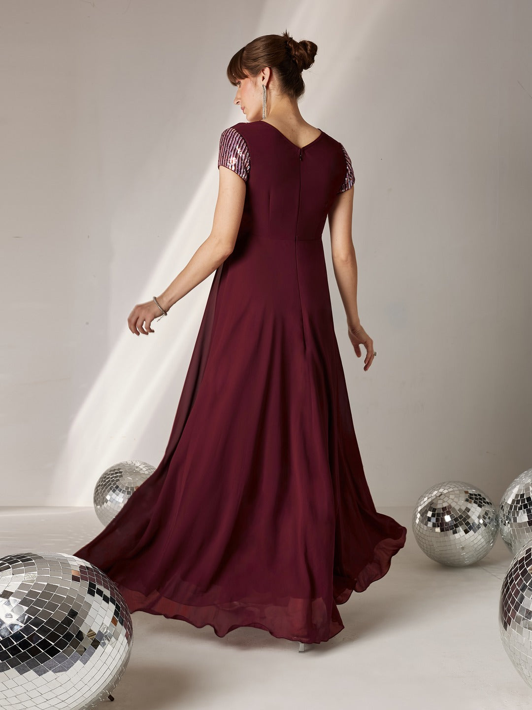 Wine V-Neck Short Sleeve Embellished Asymmetric Maxi  Dress for Women