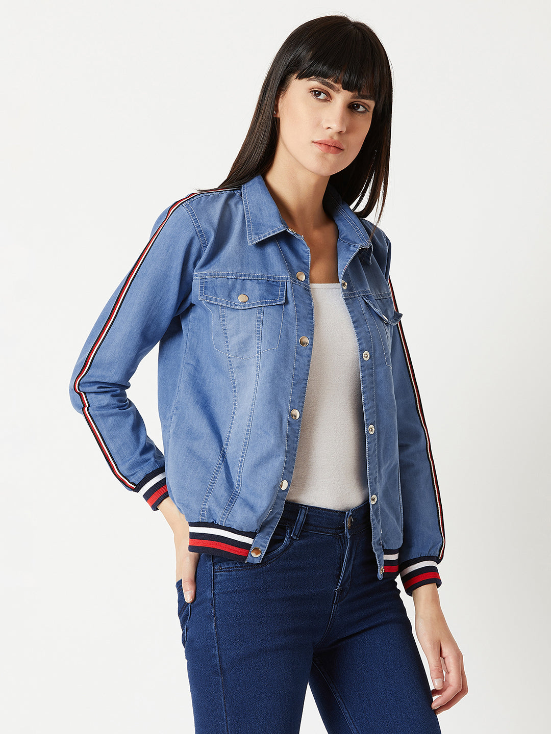 Women's Light Blue Polo Neck Full Sleeve Solid Buttoned Rib And Twill Tape Detailing Bomber Denim Jacket