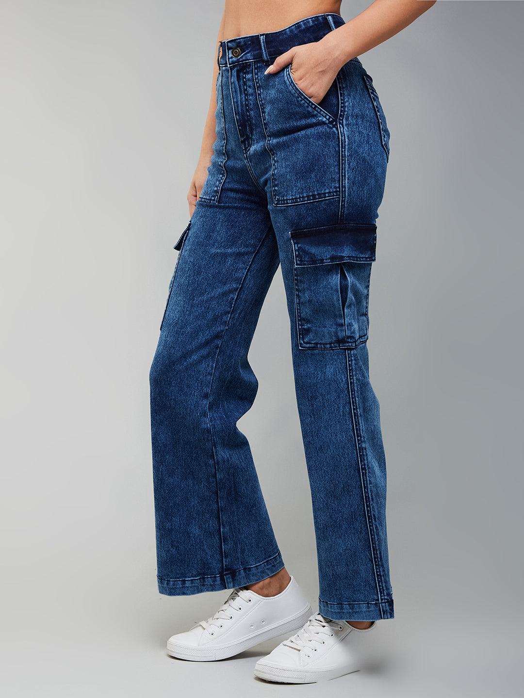 24/7 Comfort Women's Mid Blue Wide-Leg High-Rise Clean-Look Regular-Length Stretchable Denim Cargo Jeans