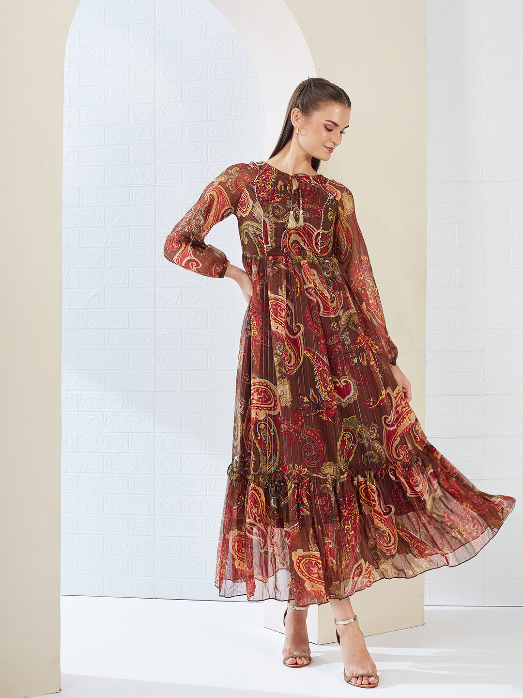 Brown Relaxed Fit Maxi Lurex Chiffon Dress for Women