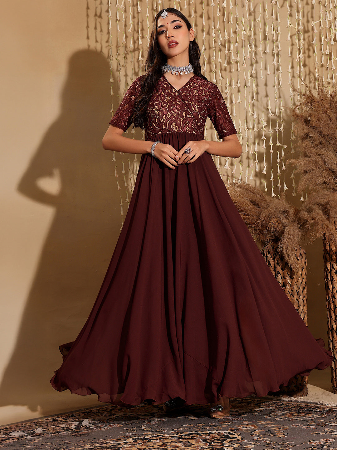 Women's Wine V-Neck Half Sleeve Self Designed Wrap Georgette Maxi Dress