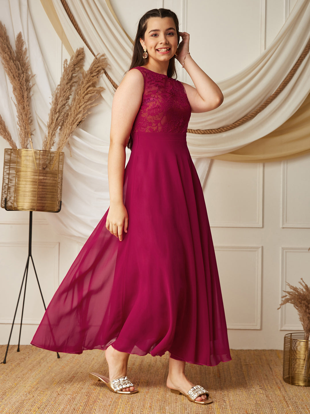 Dark Pink Boat-Neck Sleeveless Solid Lace Overlaid Polyester Maxi Dress