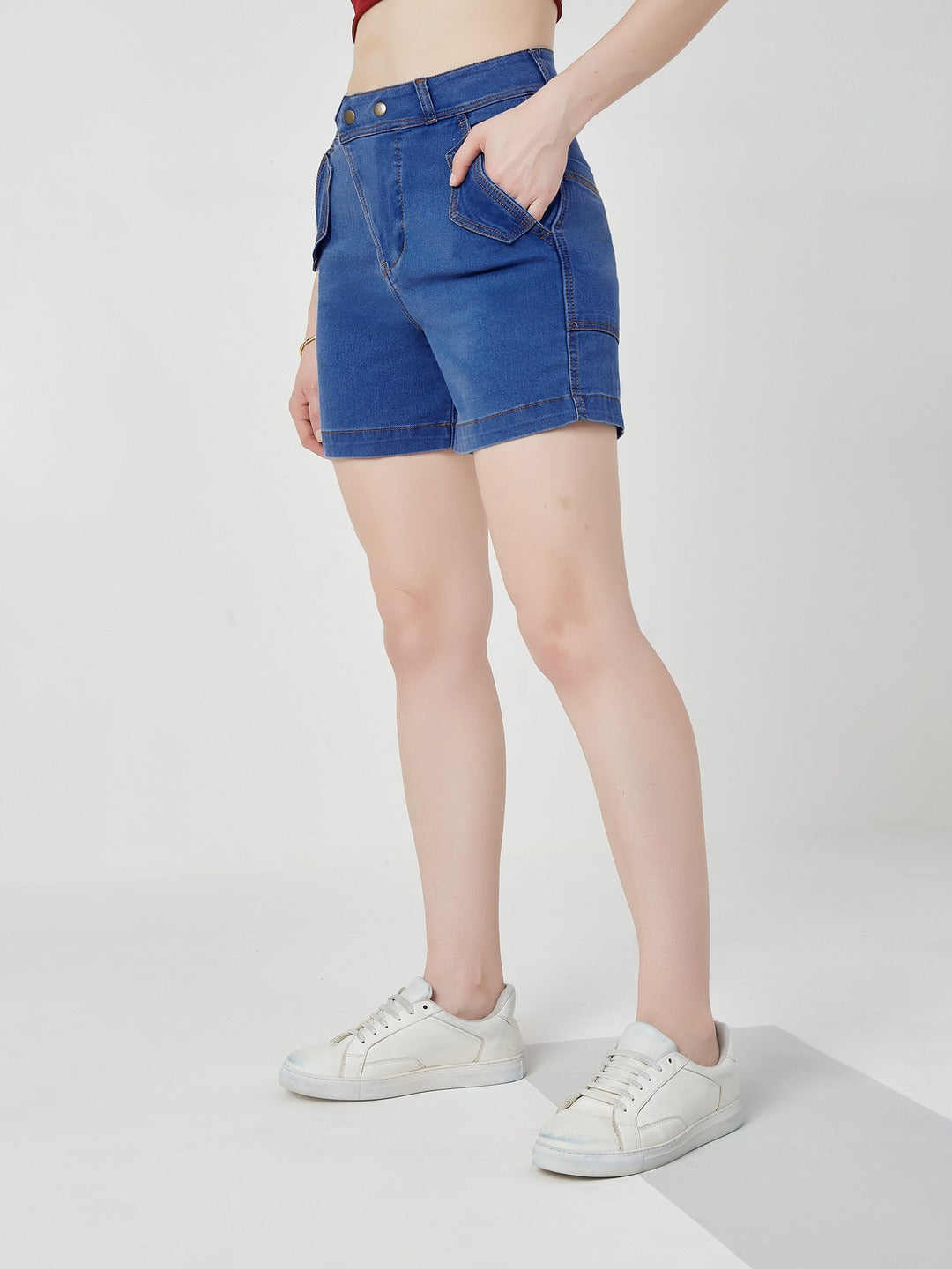 Relaxed-Fit Mid-Rise Stretchable Blue Denim Bermuda Shorts for Women