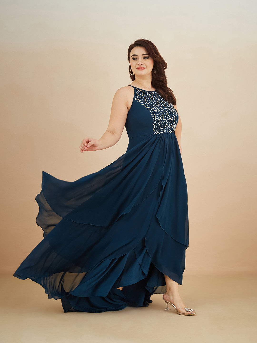 Teal Round Neck Sleeveless Solid Embellished Maxi Dress for Women — Miss Chase A+