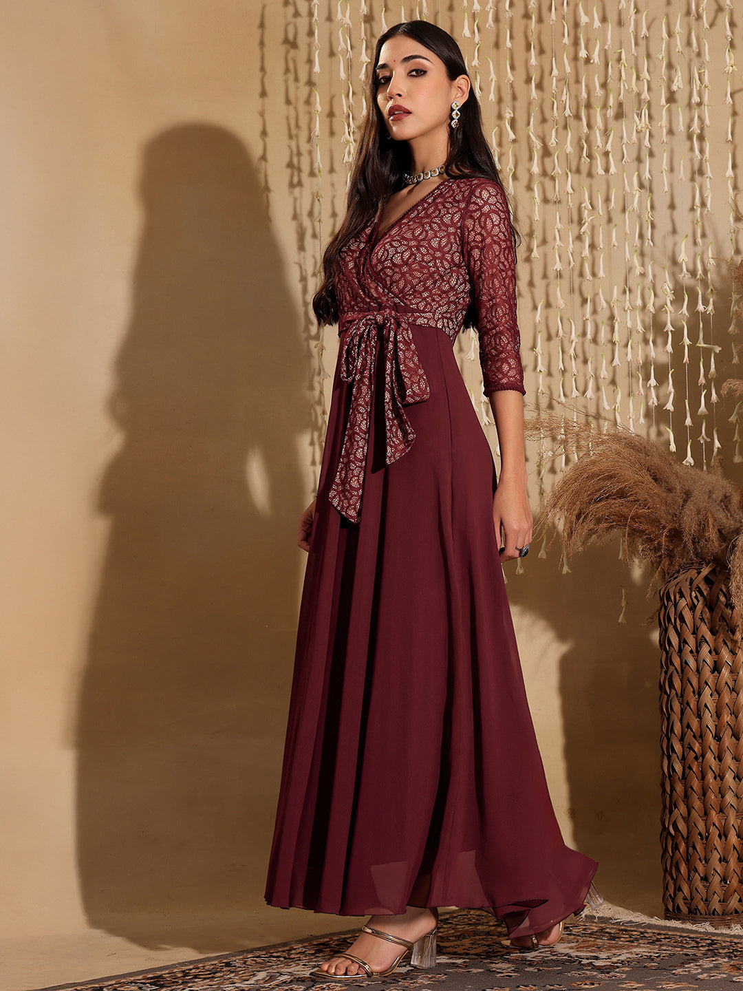 Women's Multicolored V-Neck Bishop Sleeve Bohemian Patterned Straight Leg Wrap Regular Silk Jumpsuit