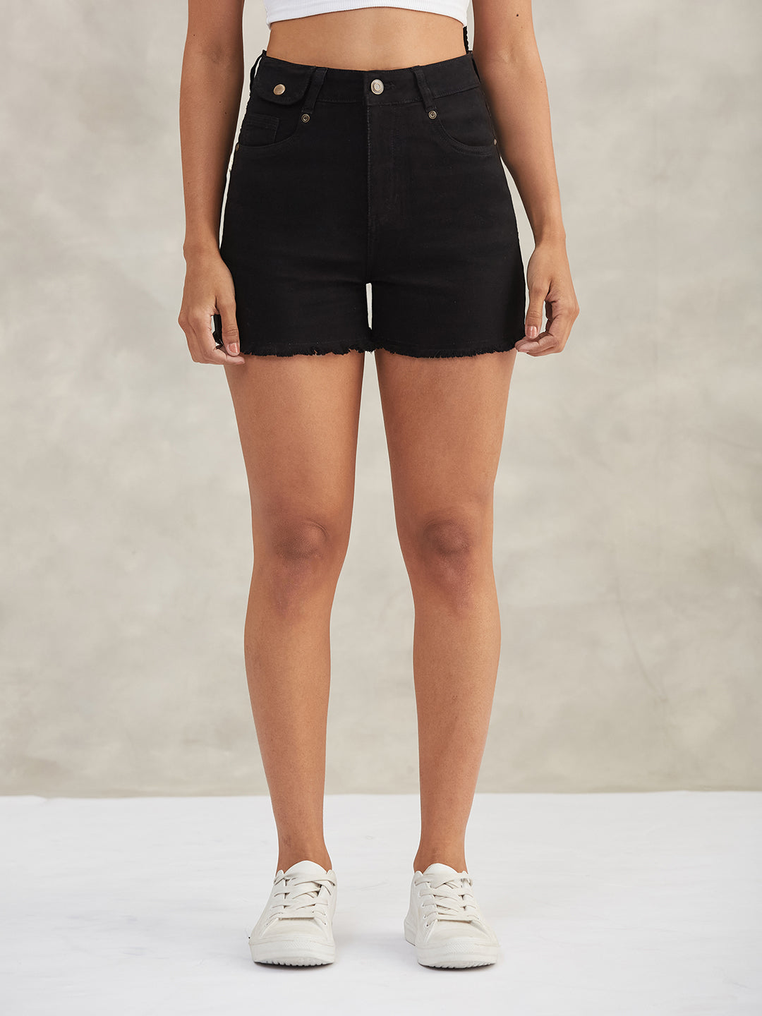 Women's Black Relaxed-Fit High-Rise Stretchable Denim Shorts