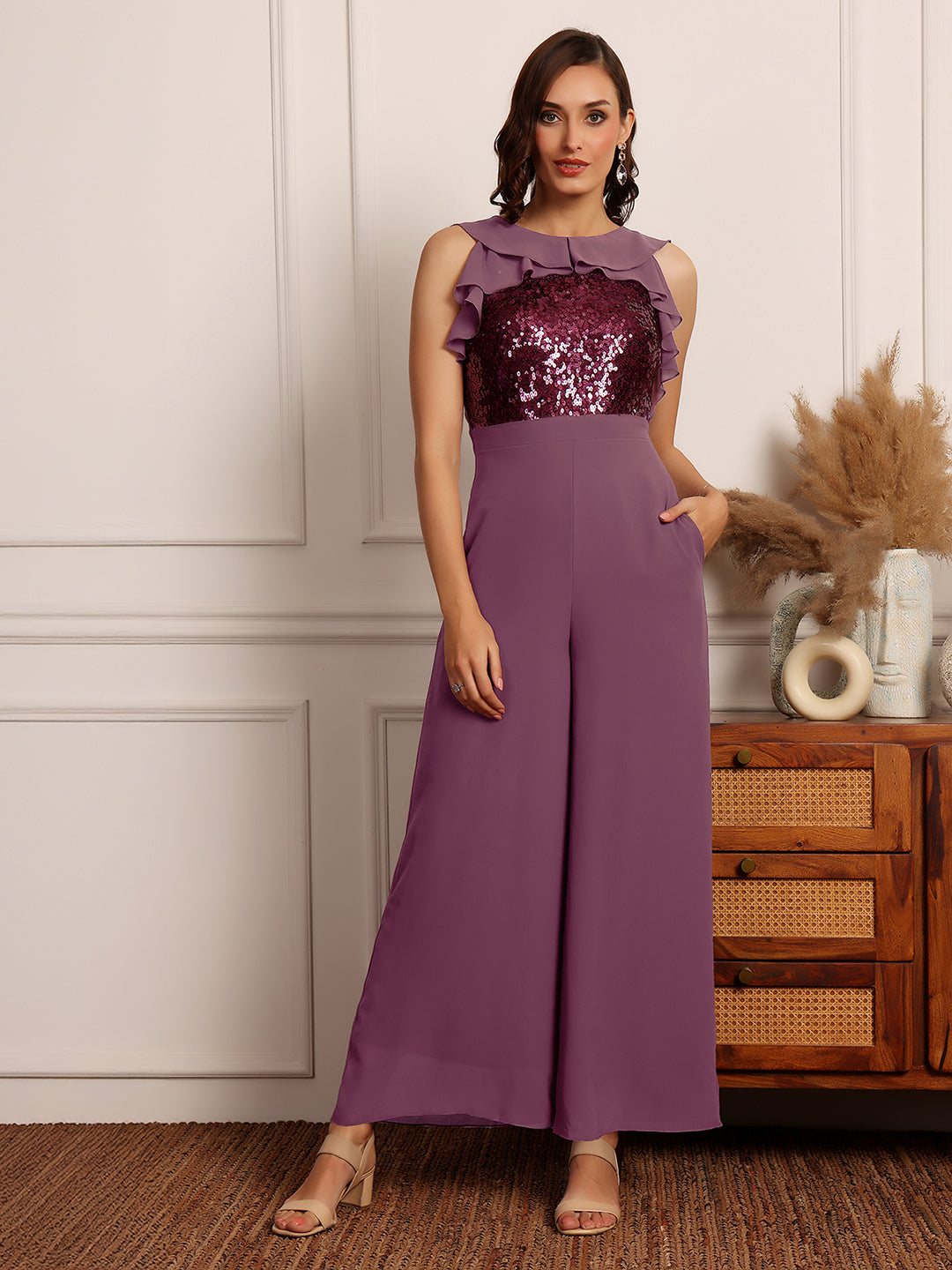 Women's Mauve Sleeveless Embellished Ruffle-Styled Regular-Length Jumpsuit