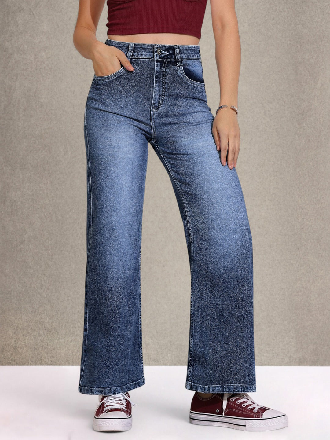 Light Blue Wide-Leg High-Rise Stretchable Denim Jeans for Women