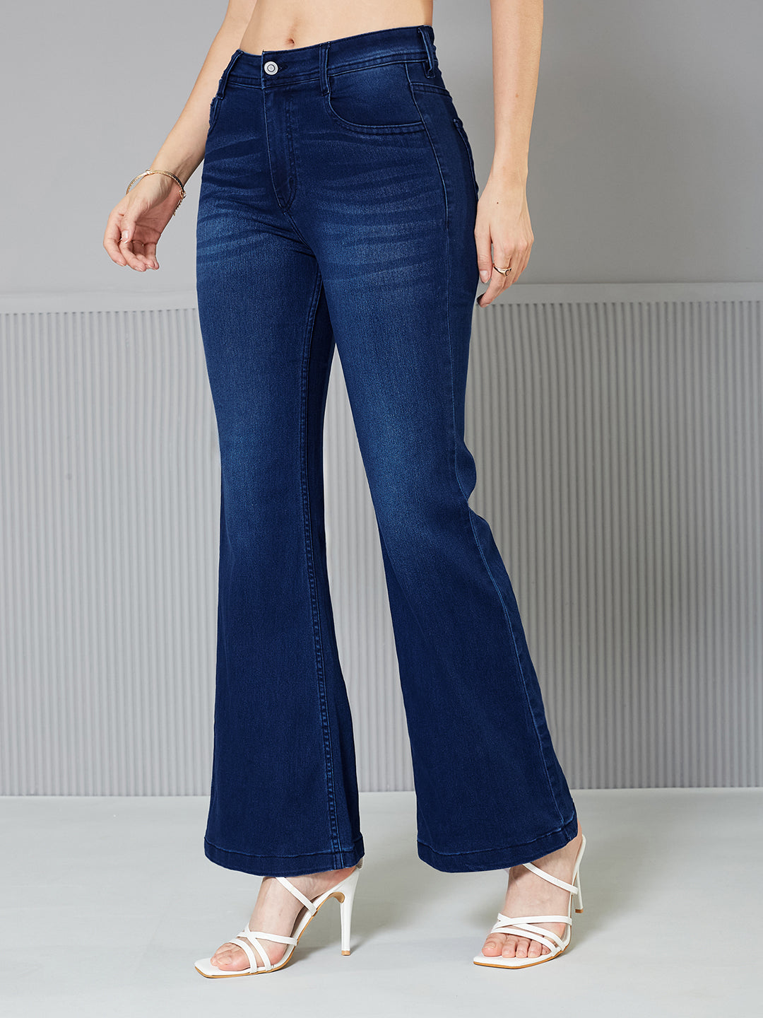 24/7 Comfort Navy-Blue High-Rise Clean-Look Stretchable Bootcut Denim Jeans for Women — Miss Chase