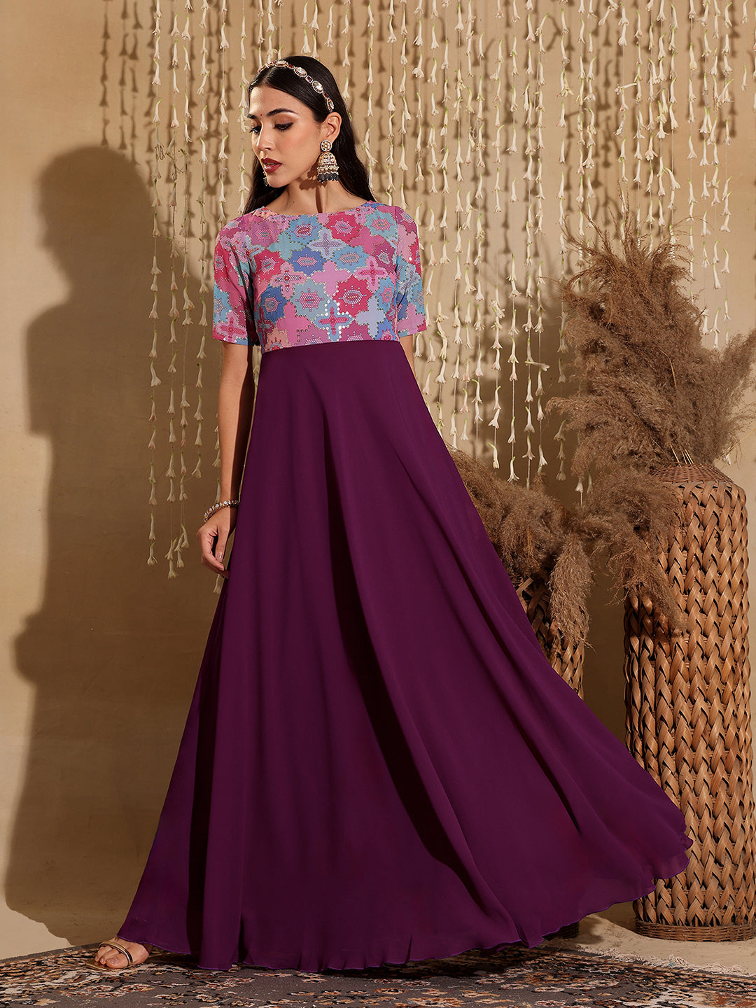 Women's Multicolored-Base-Dark Purple Boat Neck Half Sleeve Geometric Fit & Flare Georgette Maxi Dress