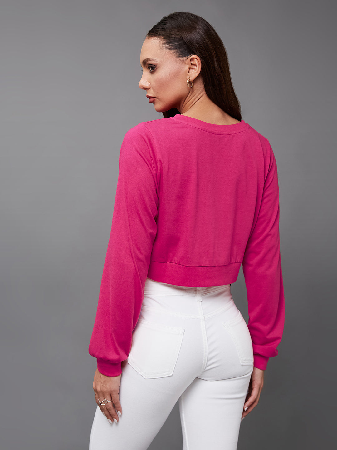 Women's Dark Pink Solid Full Sleeve Round Neck Cotton Crop Tops