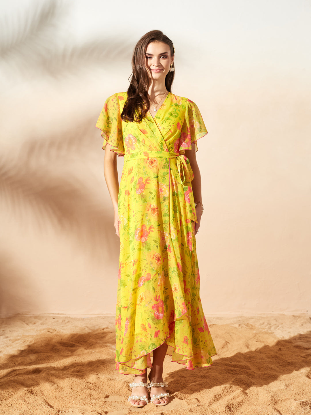 Acid Yellow V-Neck Flared Floral Overlap/Tie-Up Maxi Chiffon Dress for Women