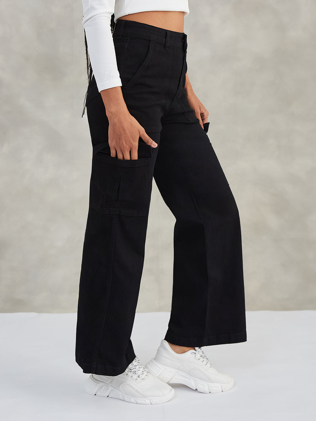 Women's Black Wide-Leg High-Rise Stretchable Denim Jeans