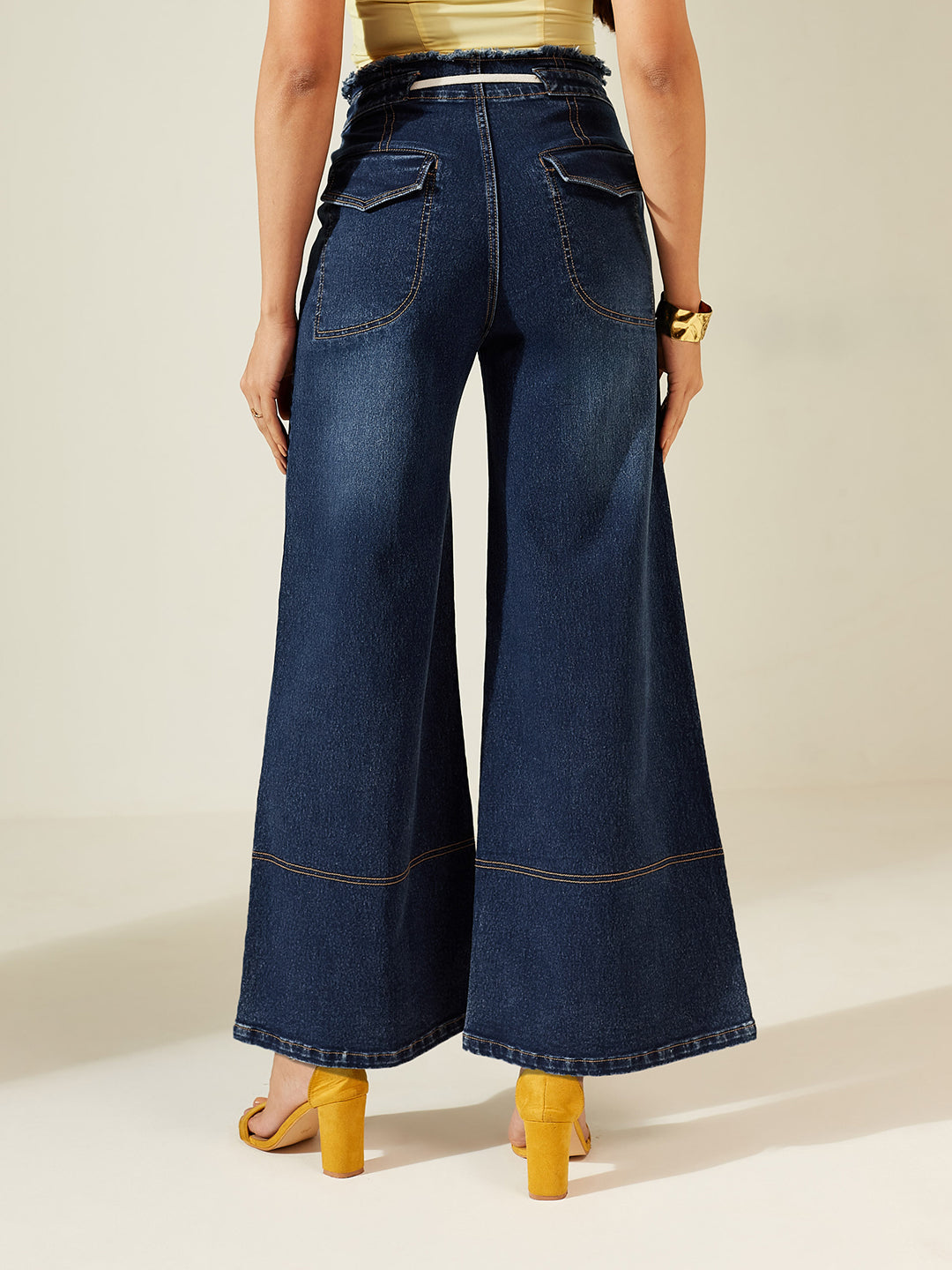 Navy Blue Wide-Leg High-Rise Mild Distressing Stretchable Denim Jeans for Women
