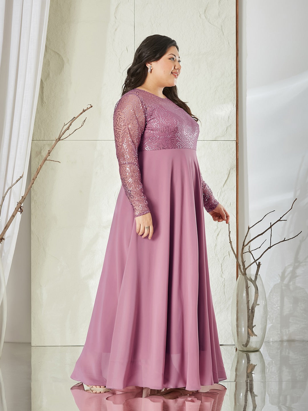 Dusty Lavender Solid Embellished Maxi Dress for Women