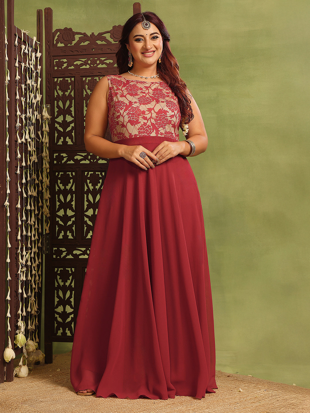 Women's Brick Red & Dusty Green Boat Neck Sleeveless Self-Design Lace-Overlaid Regular Dress