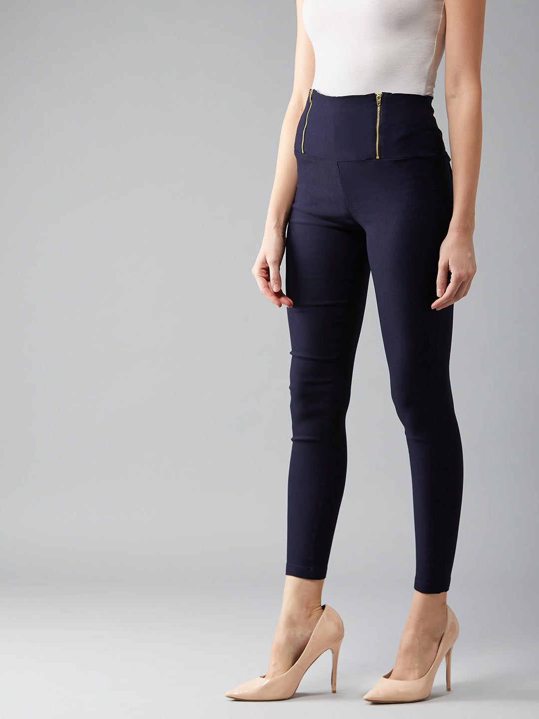 Women's Navy Blue Solid High Waist Slim Fit Treggings