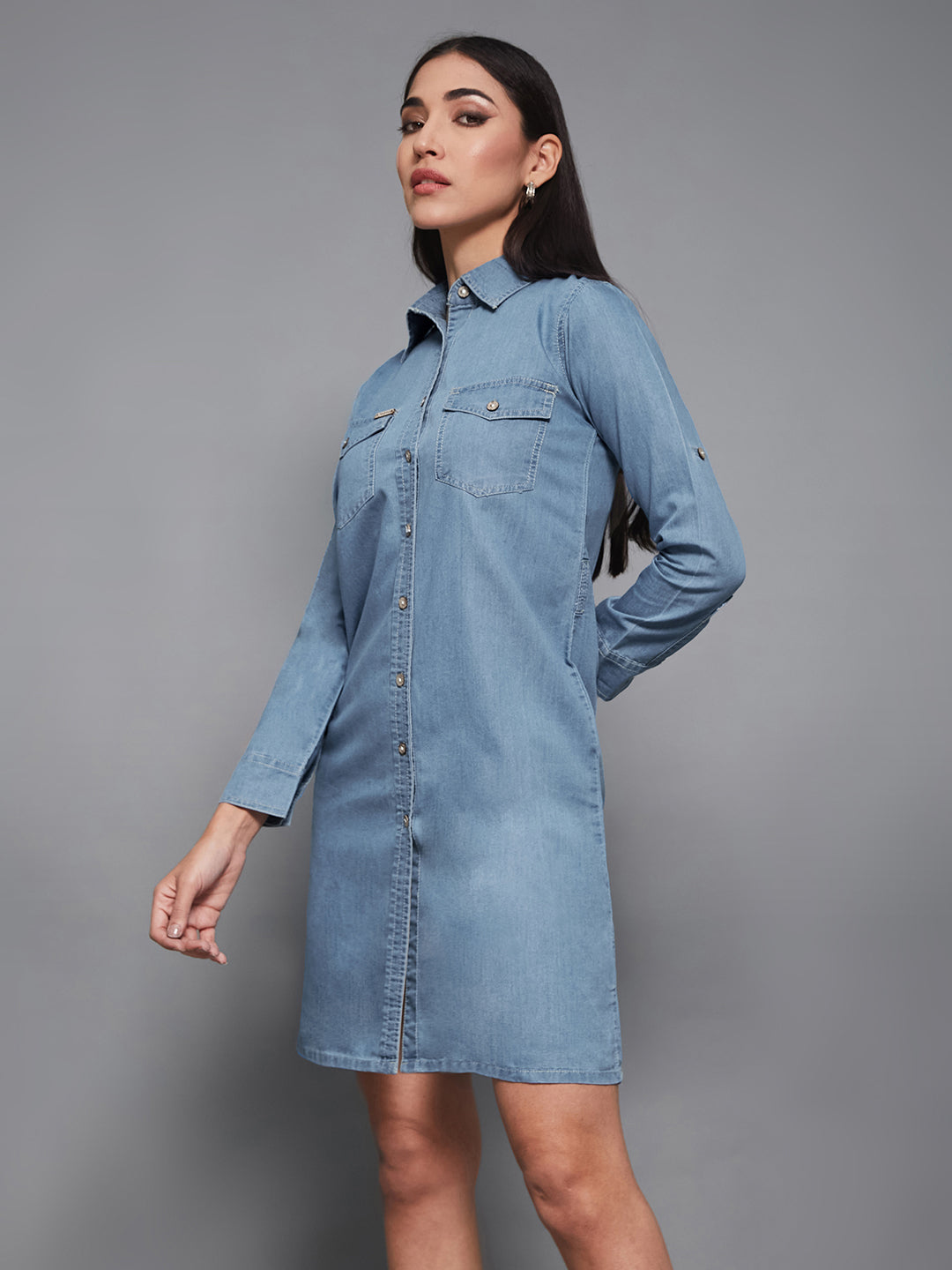 Women's Blue Polo Neck Rolled Up Full Sleeve Denim Solid Buttoned A-Line Mini Dress