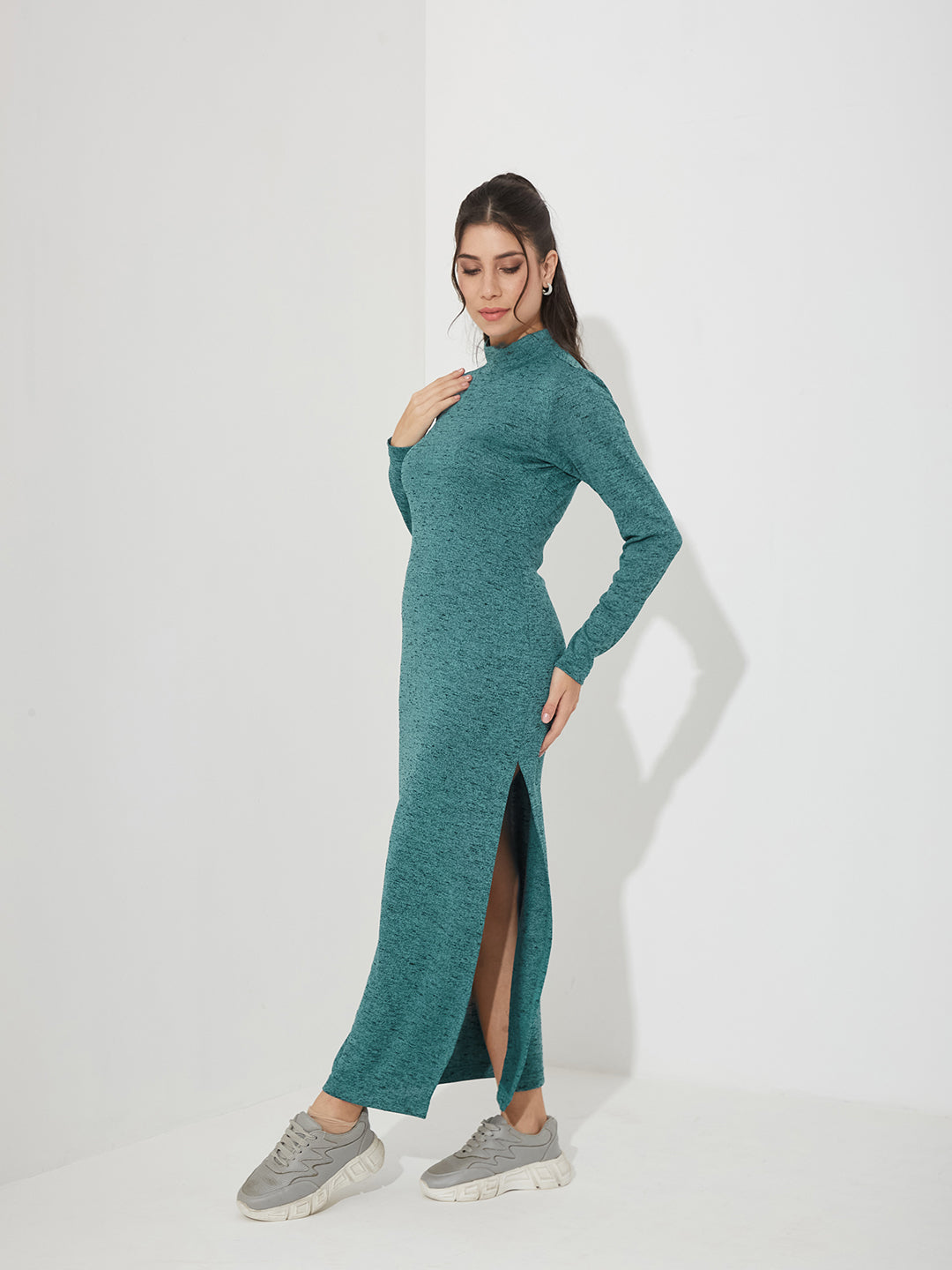Teal Mock Neck Full Sleeve Solid Bodycon Maxi Cotton Dress for Women
