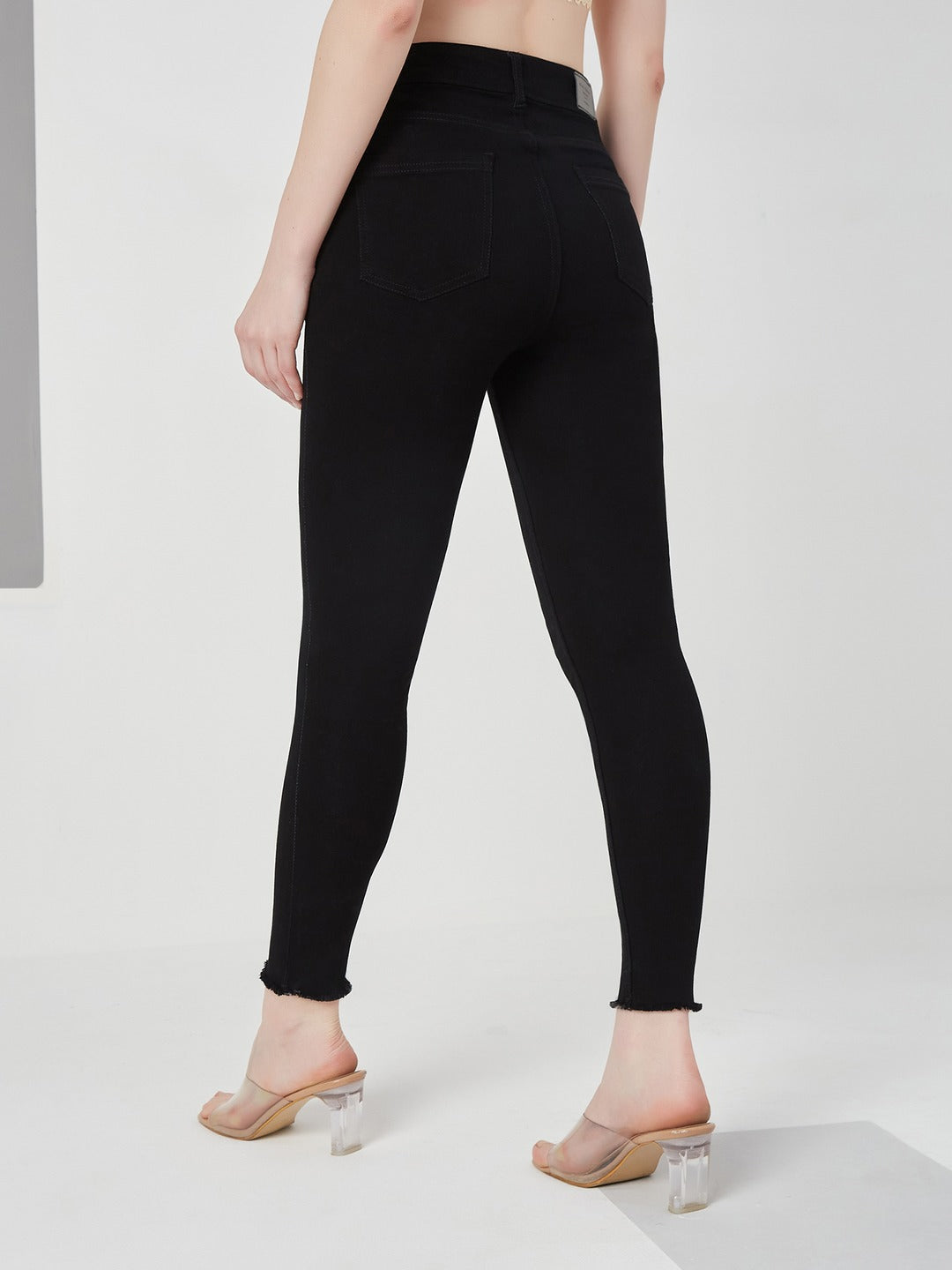 Black Skinny Fringed Detailing high-rise Solid Cropped Stretchable Denim Jeans for Women