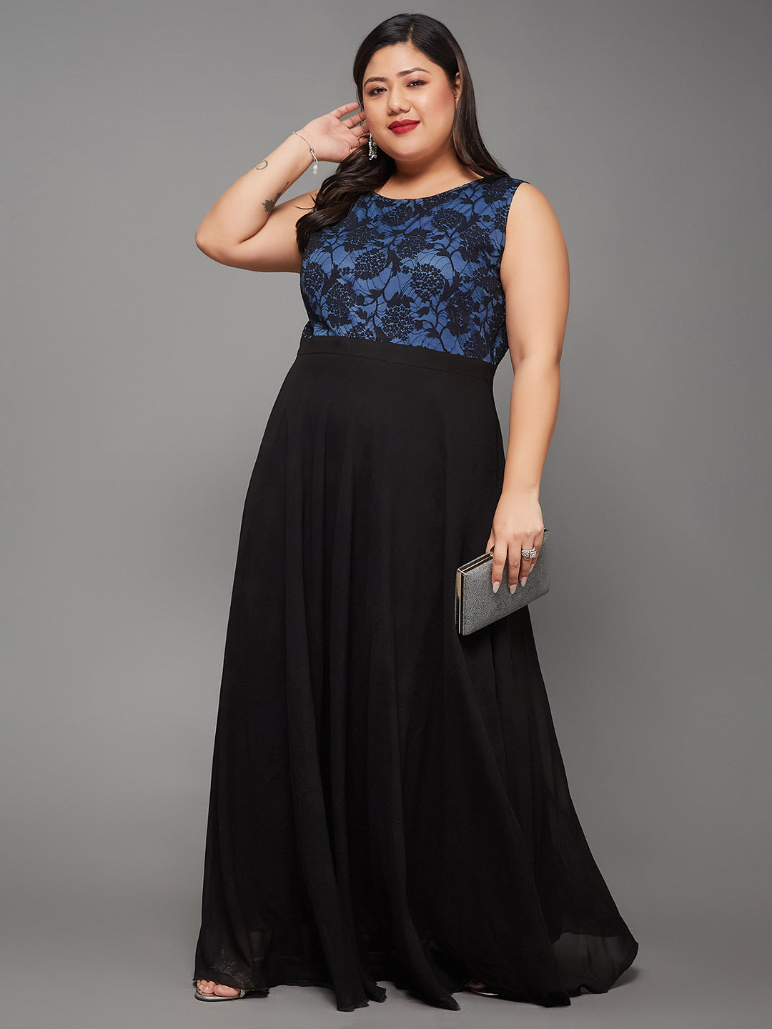 Women's Blue & Black Round Neck Sleeveless Georgette Floral Lace Fit & Flare Maxi Dress