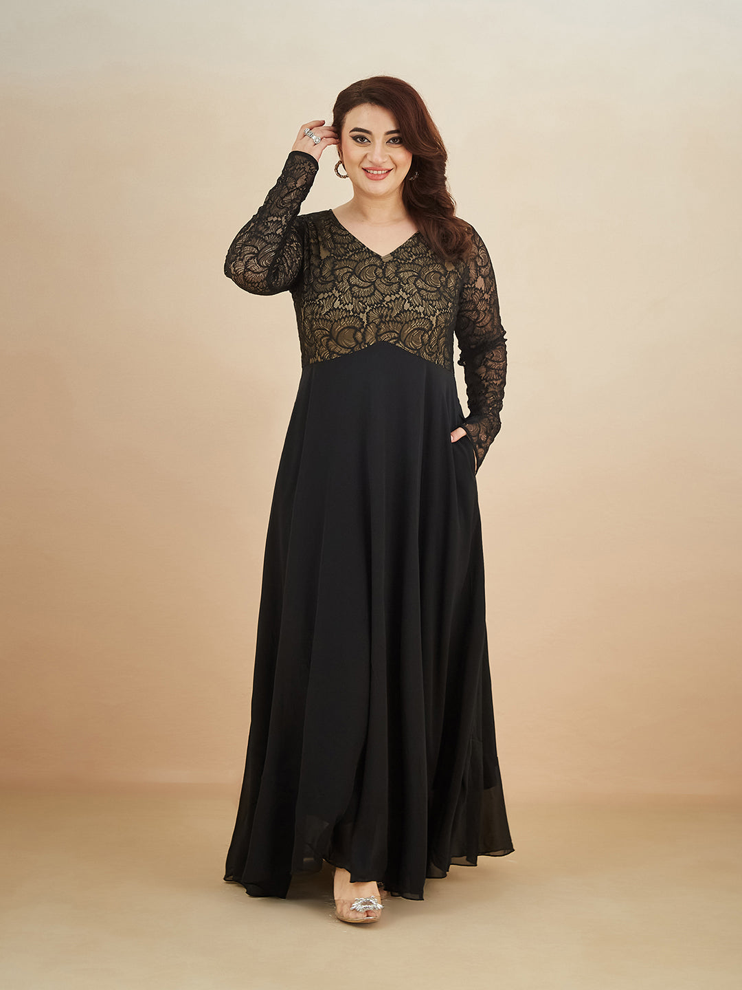 Black V-Neck Full Sleeve Self Design Lace-Overlaid Georgette Maxi Dress for Women — Miss Chase A+