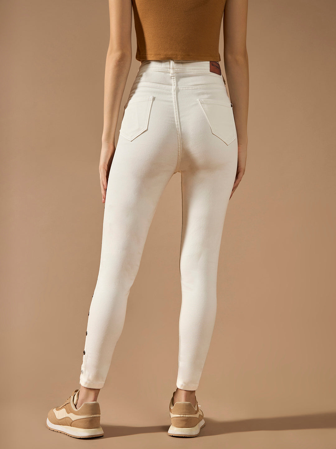 Women's White Skinny High-Rise Clean-Look Eyelet detailing Regular-Length Stretchable Denim Jeans