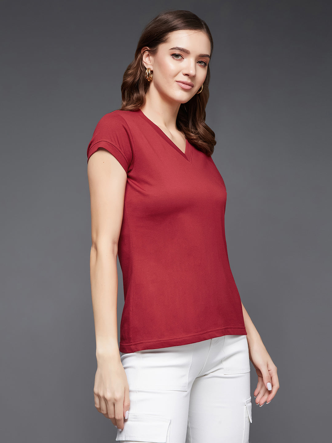 Women's Maroon V-Neck Short Sleeves Cotton Solid Top