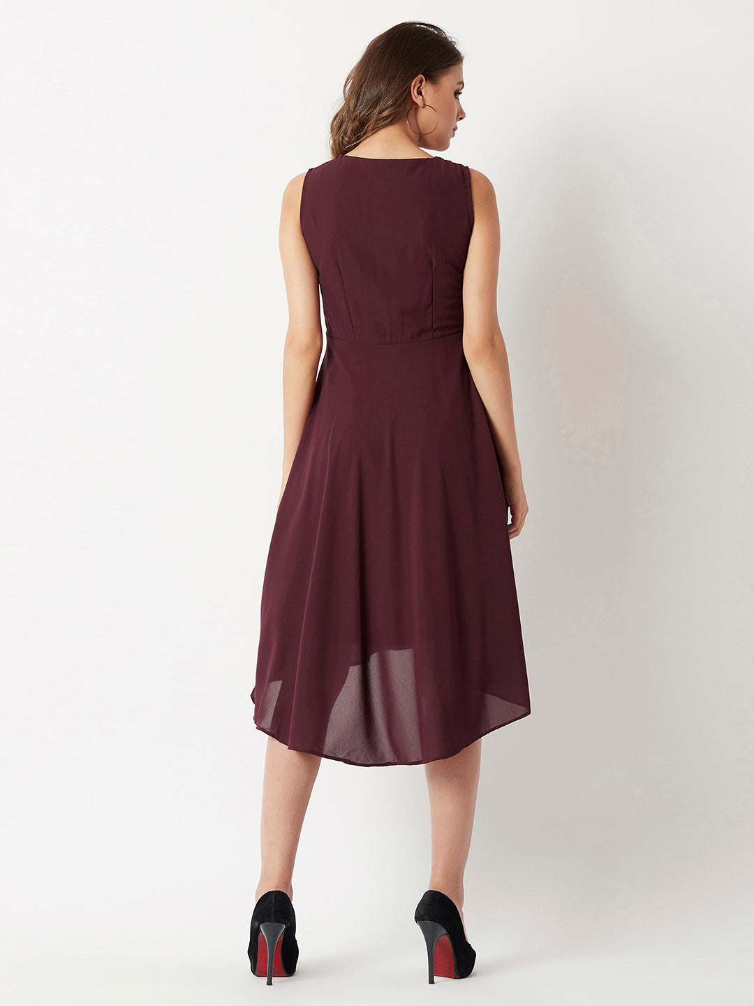 Women's Maroon V-Neck Sleeveless Solid Pearl Detailing Knee-Long High-low Skater Dress